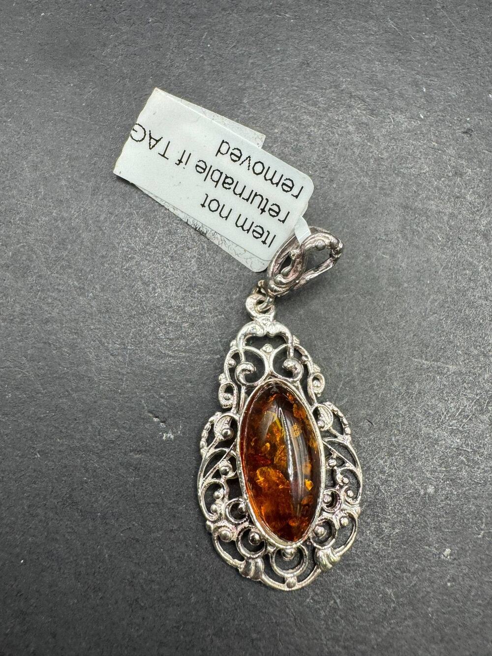 Vintage 925 Sterling Silver Amber Pendant Ornate Filigree Teardrop Jewelry